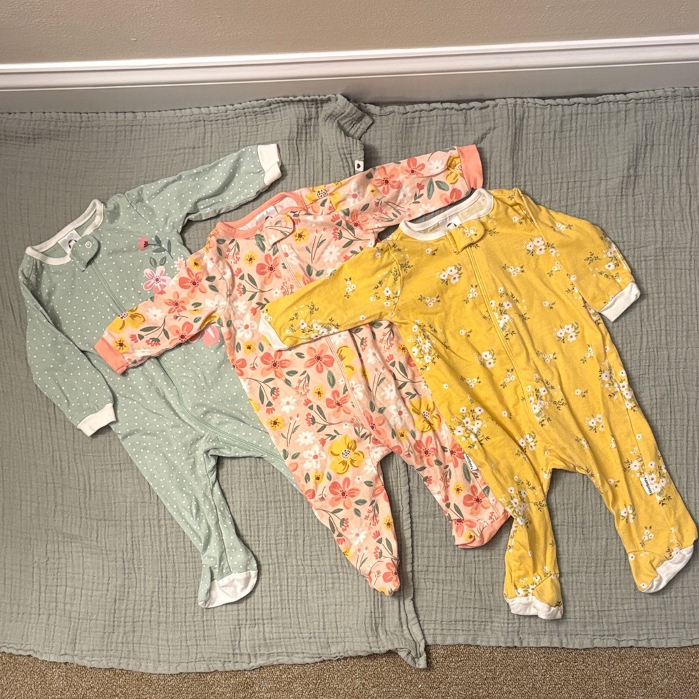 Gerber Floral and Polka Dot Footies in Yellow, Green, and Pink